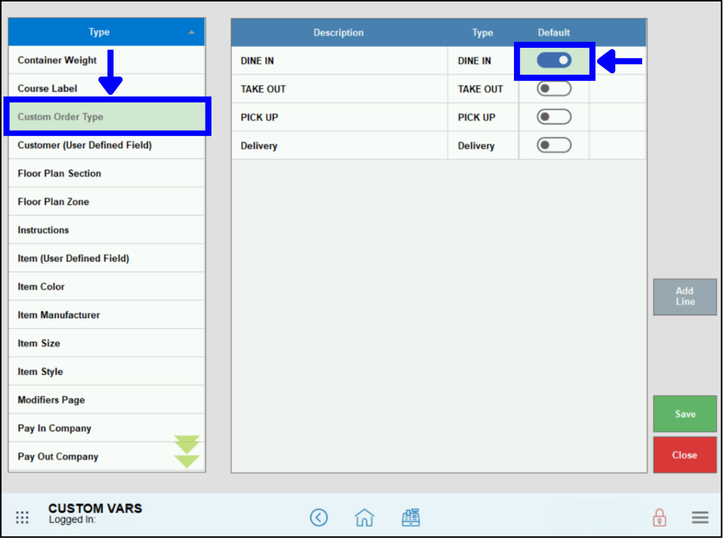 Select custom order type