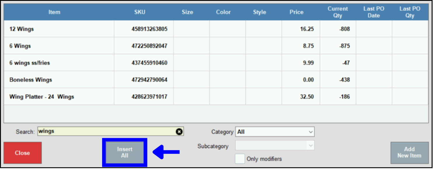 Insert all button highlighted on the search pop-up screen