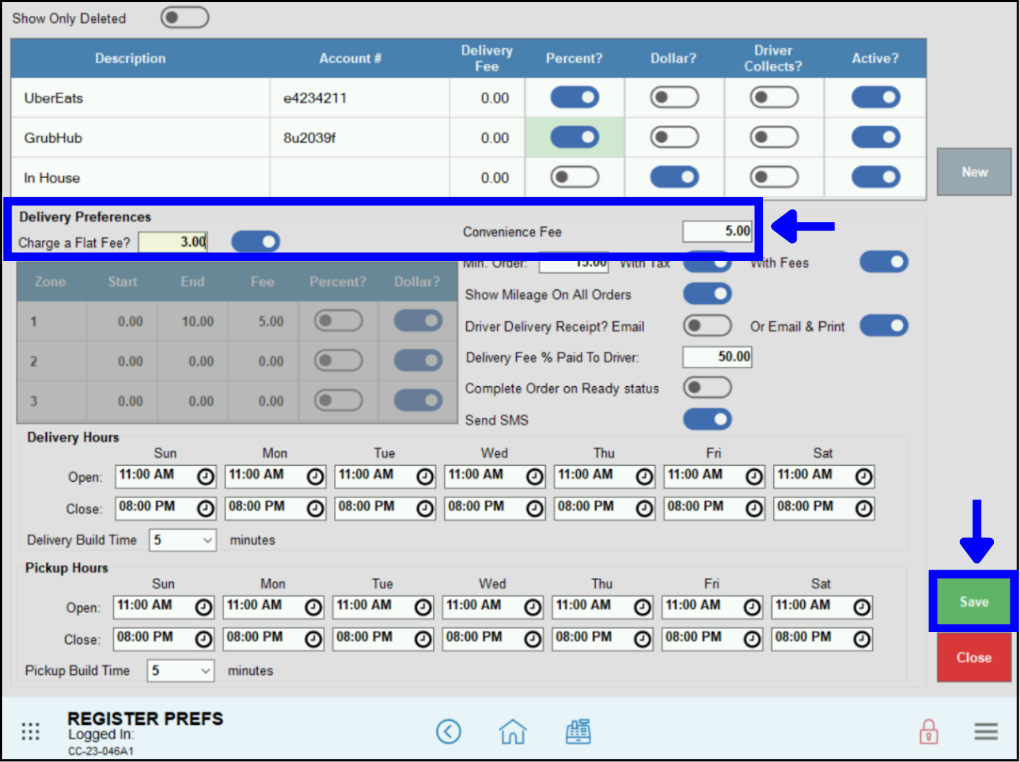 Set delivery preferences then save