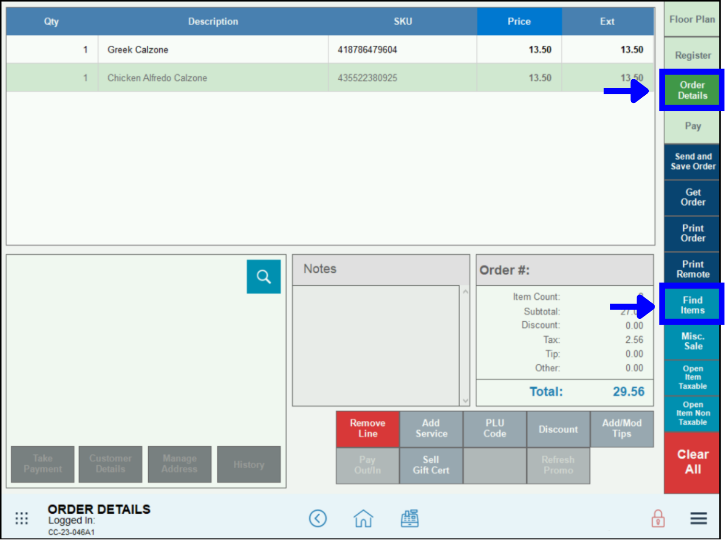 Order details and find items tabs highlighted on the order details page