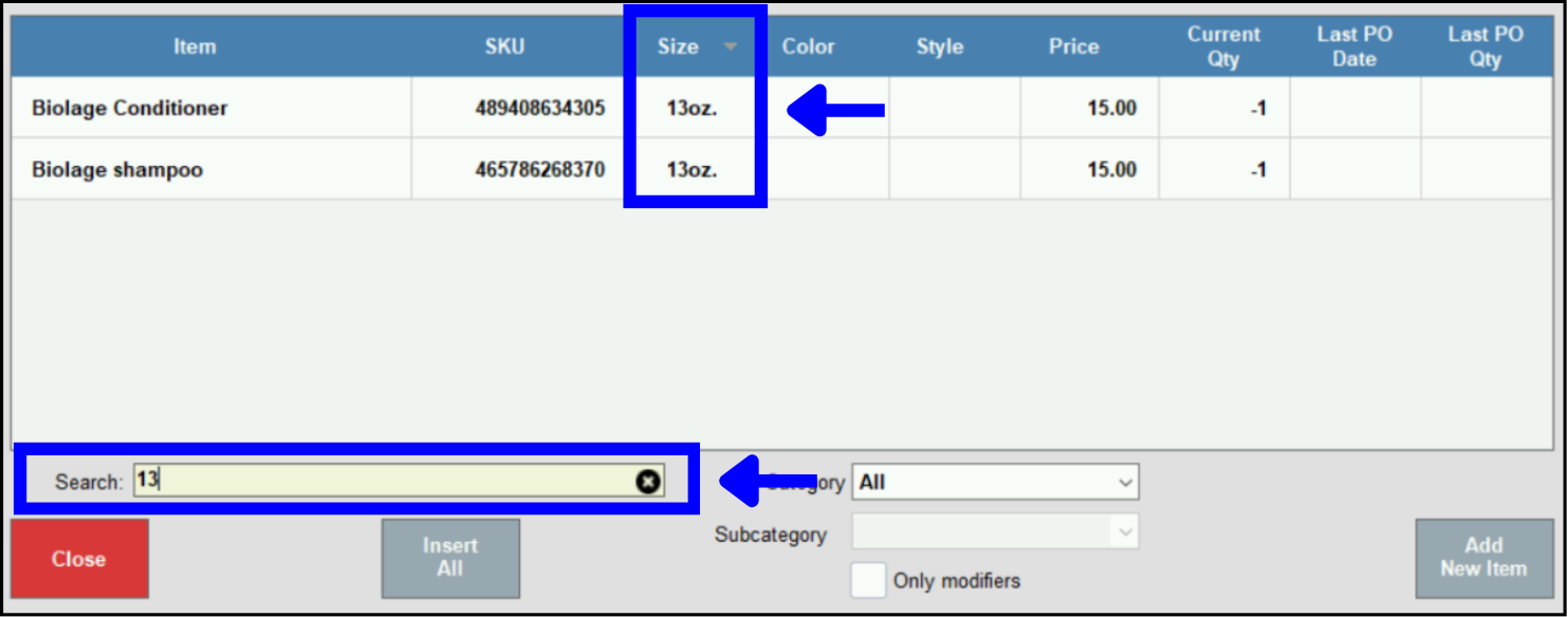 Size column highlighted with 13 displaying in three cells