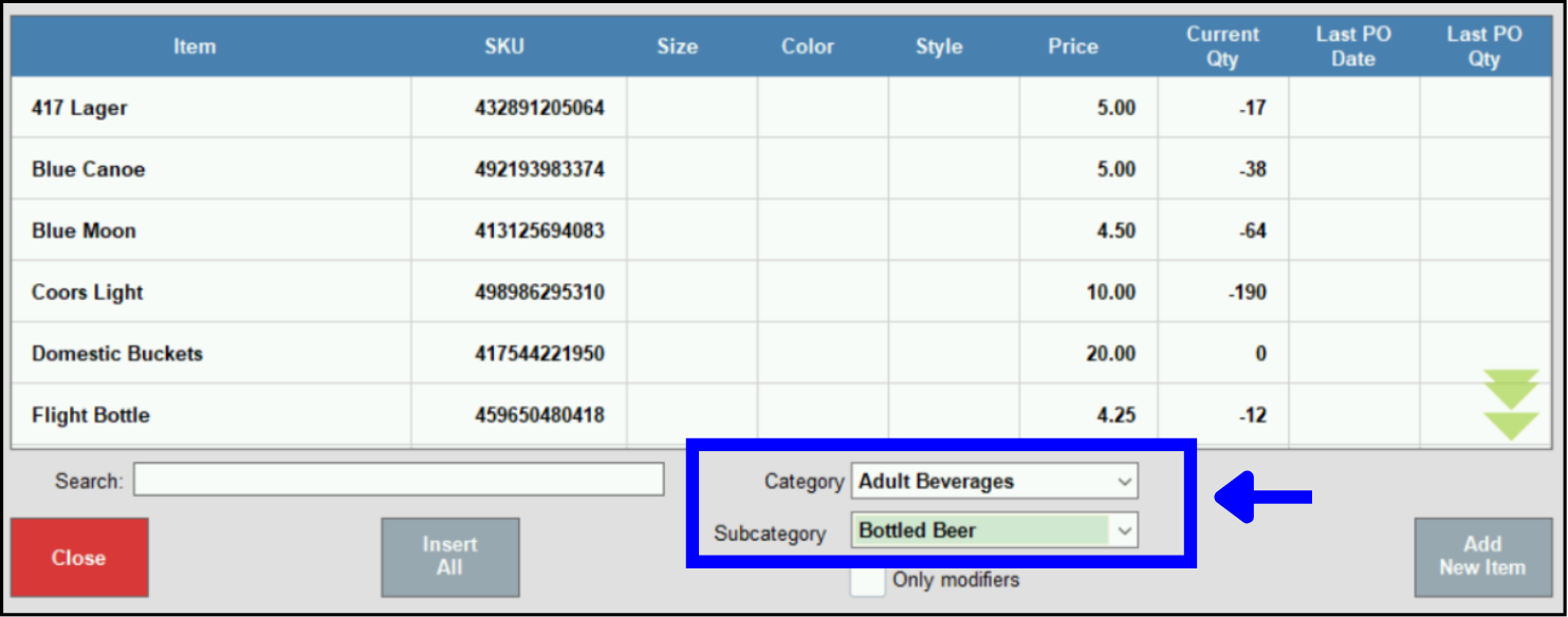 Category and subcategory dropdown menus highlighted on item list pop-up screen