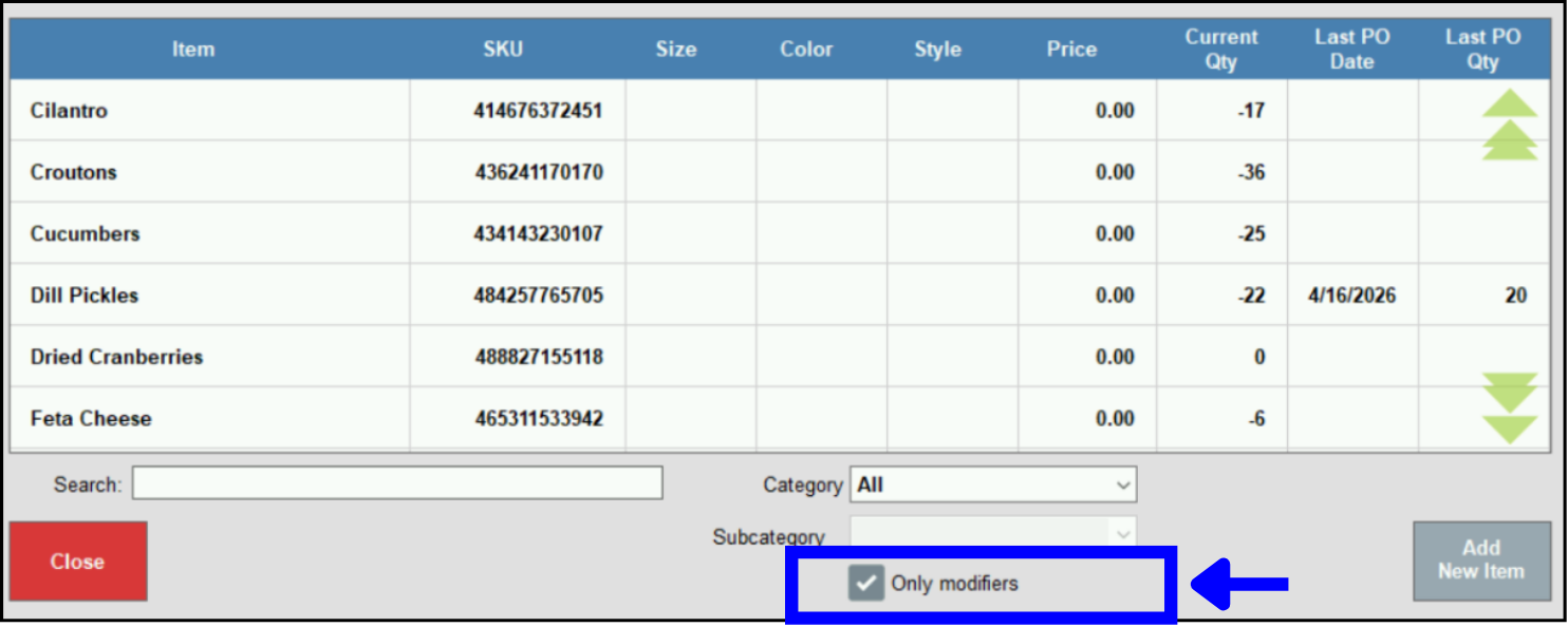 Only modifiers checkbox selected and highlighted