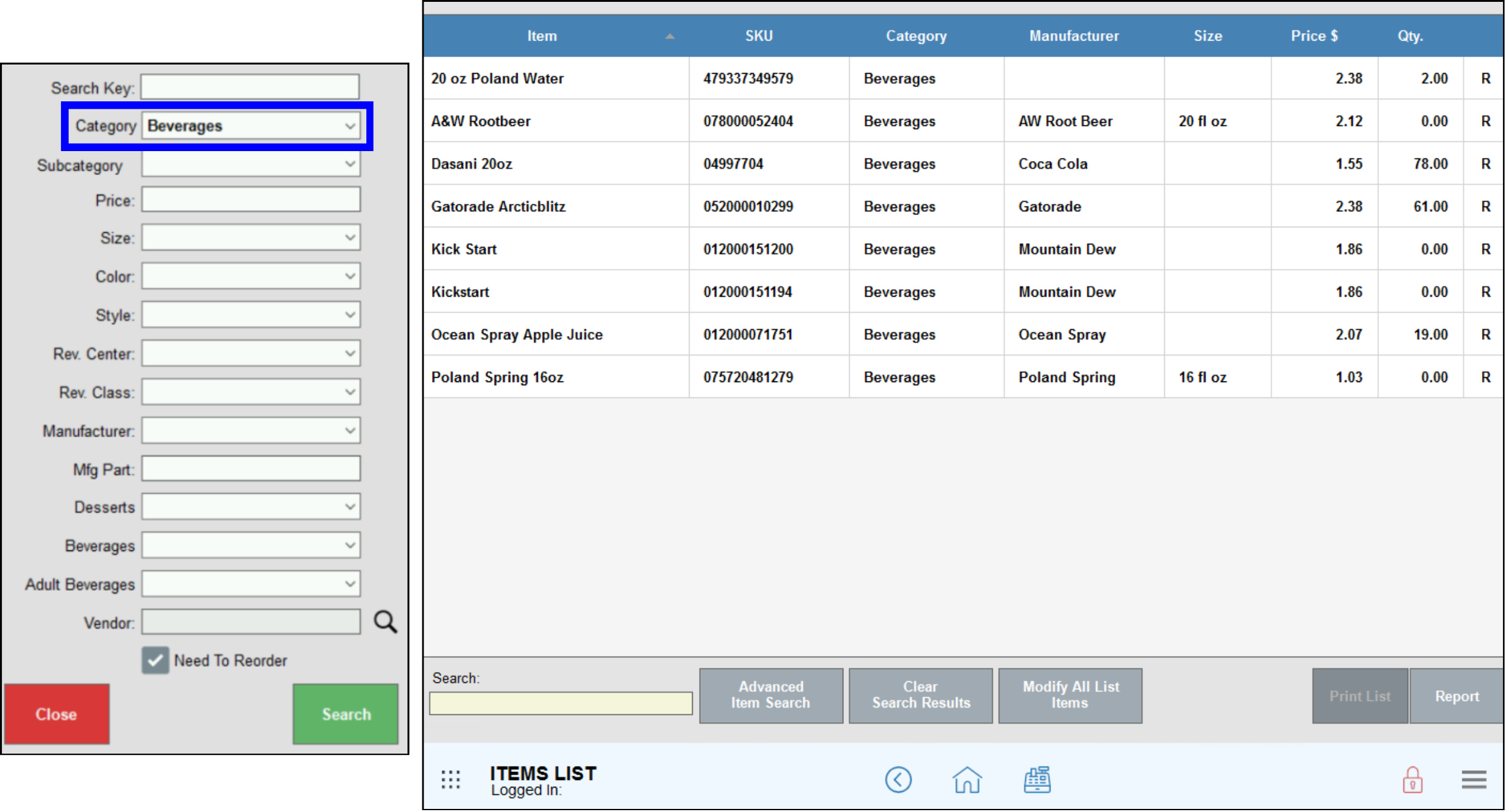 Beverages entered into category dropdown of advanced search page with items list displaying all results in beverages category