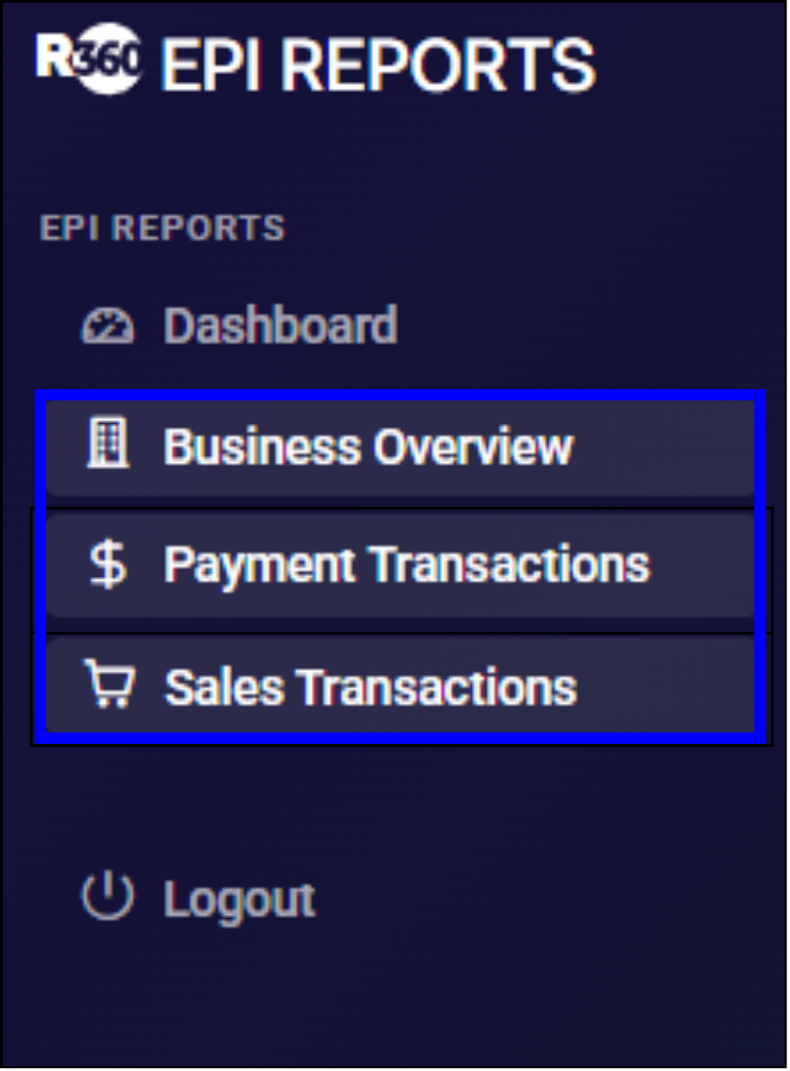 Report type options on POS Cloud dashboard menu