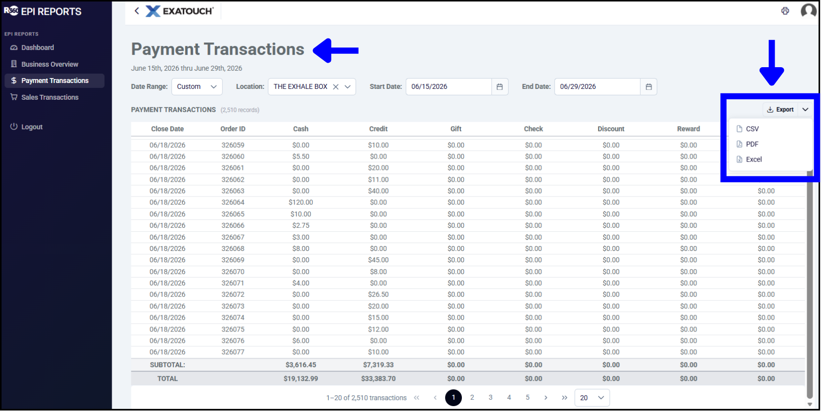Payment Transactions report screen in POS Cloud