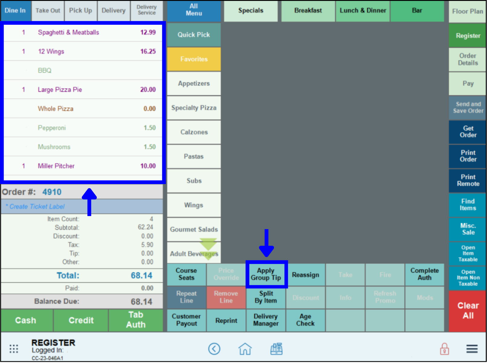 Order highlighted with arrow leading to apply group tip custom button