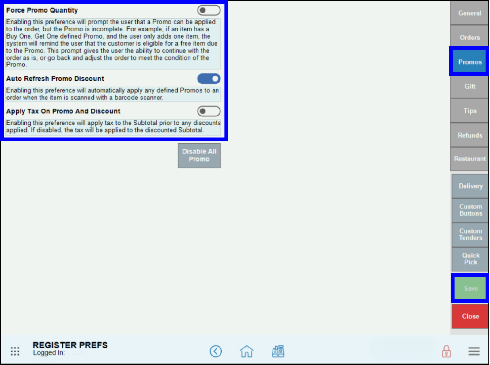 Promos tab highlighted on register preferences screen