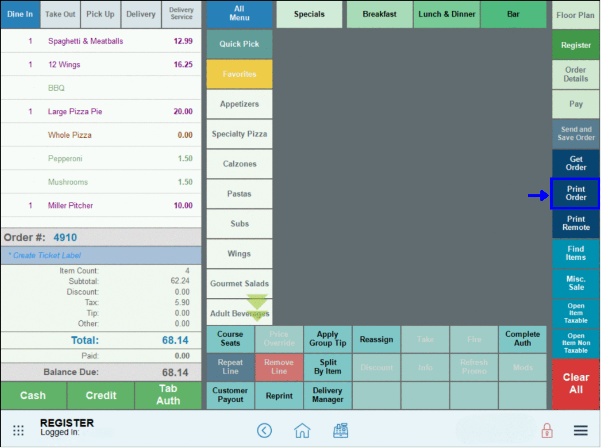 Register view with print order tab highlighted
