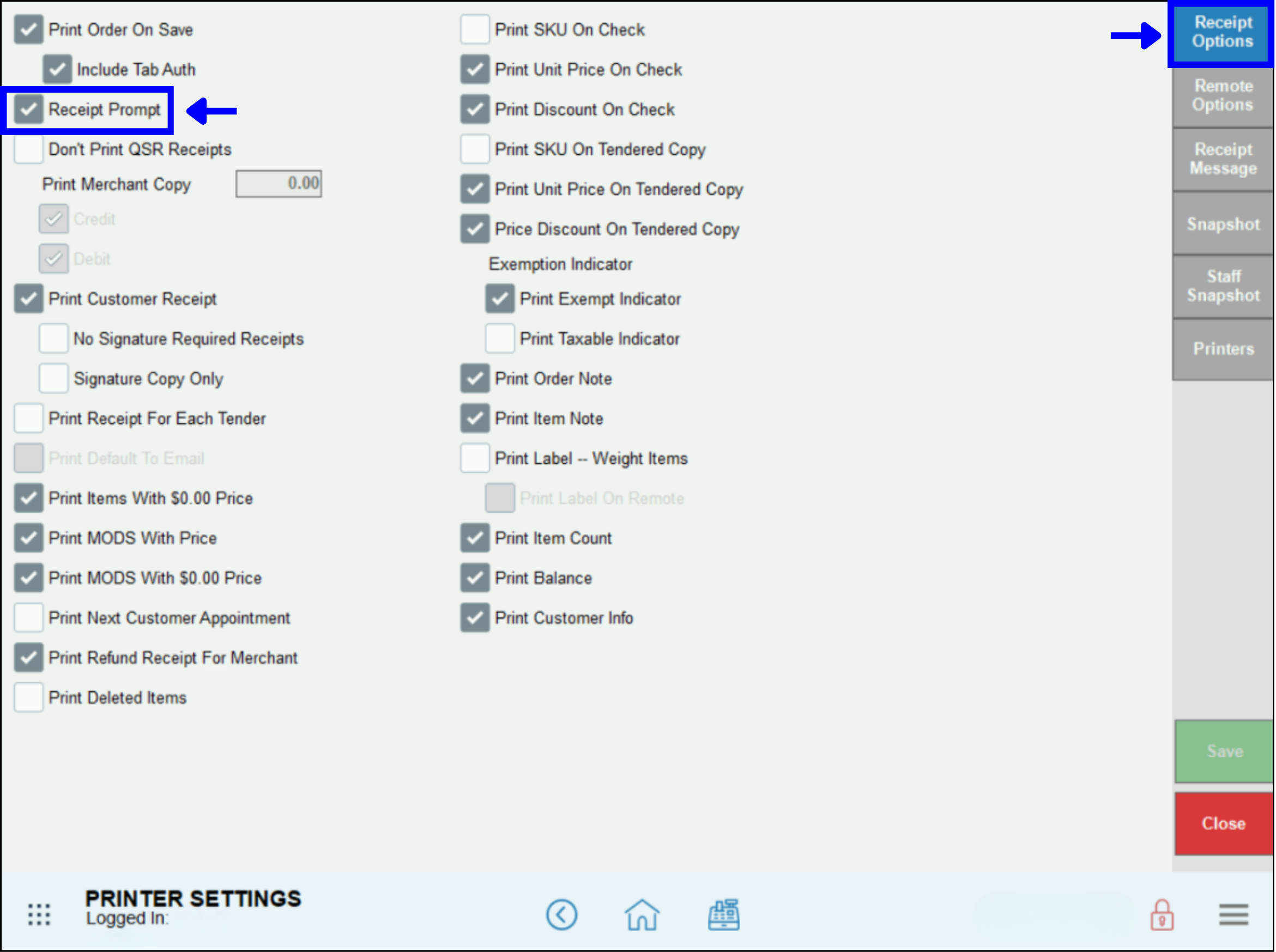 Receipt options tab highlighted with arrow leading to receipt prompt checkbox setting