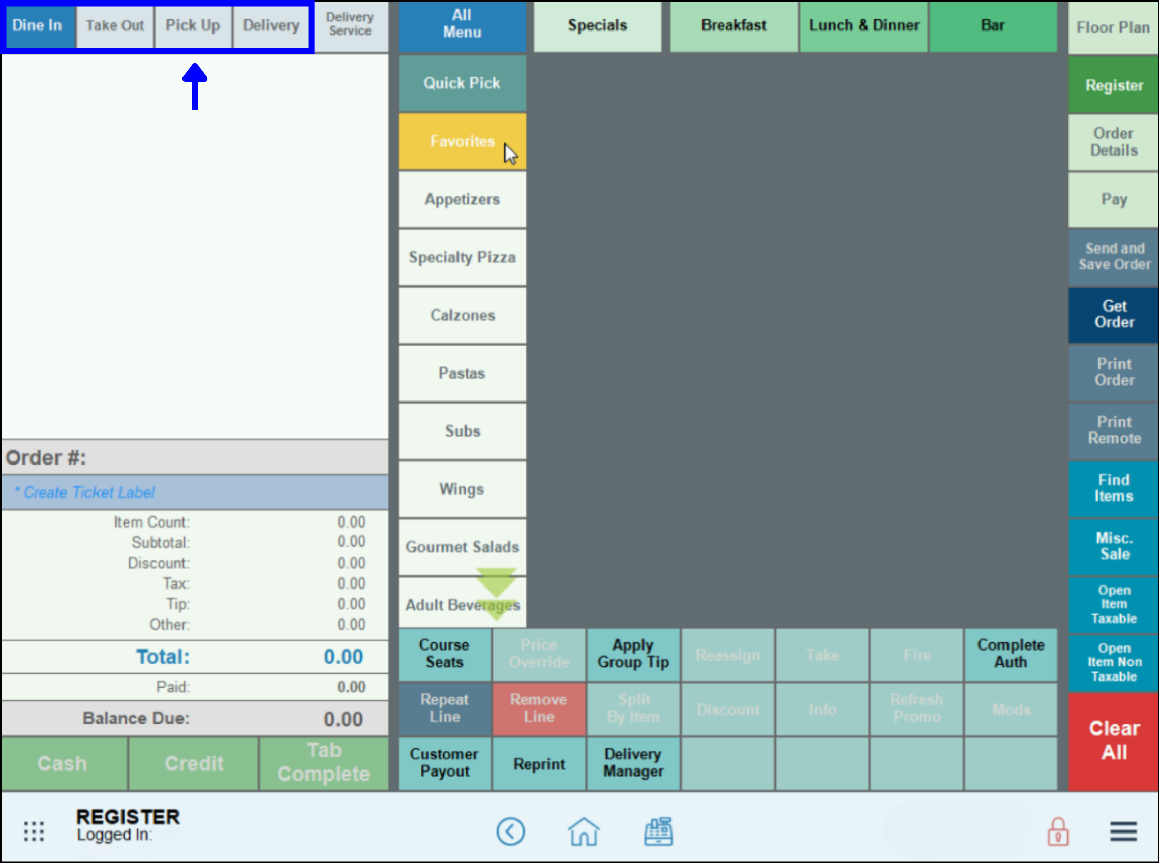 Select order type at top of screen