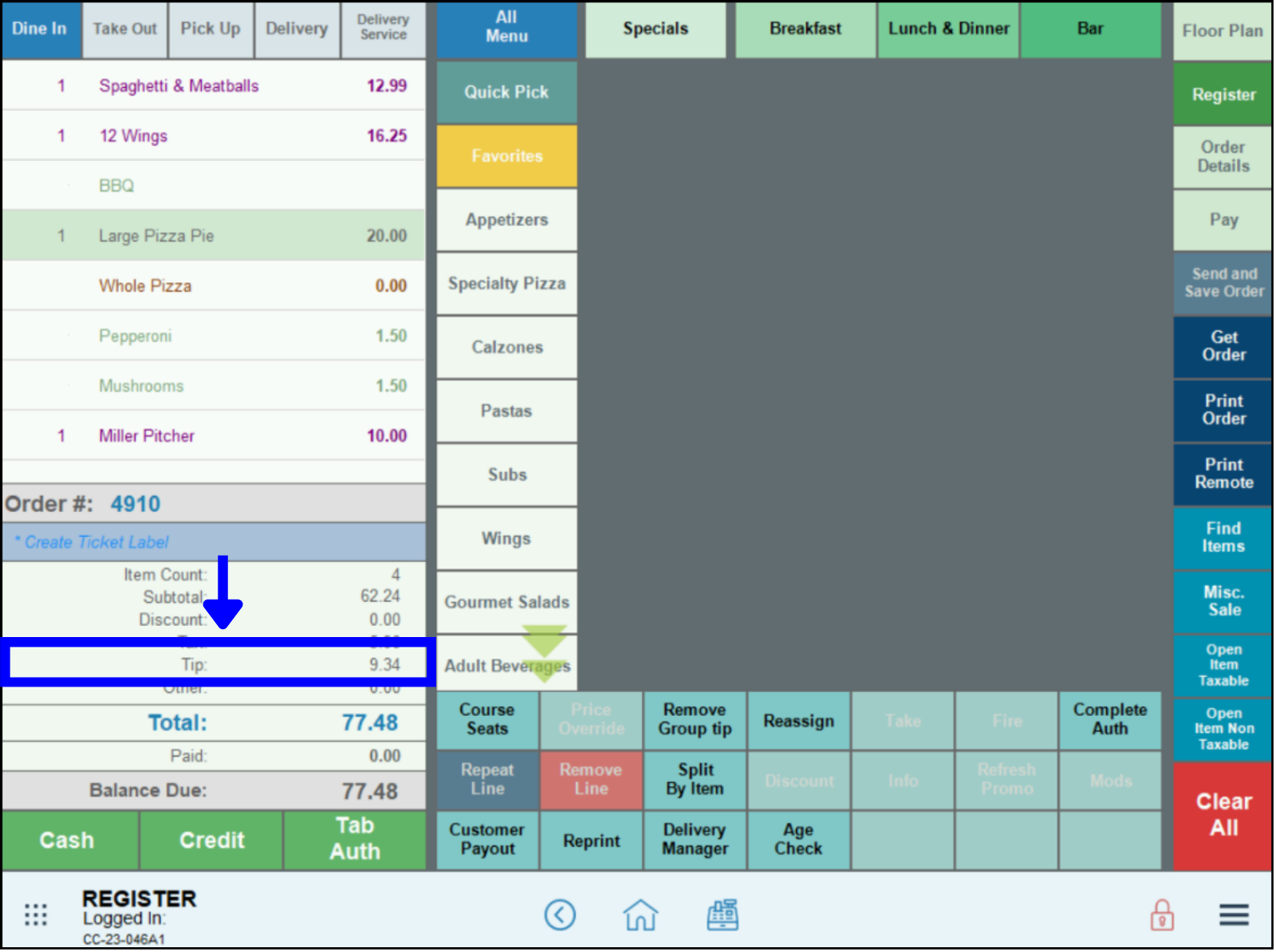 Arrow pointing to tip line in register app