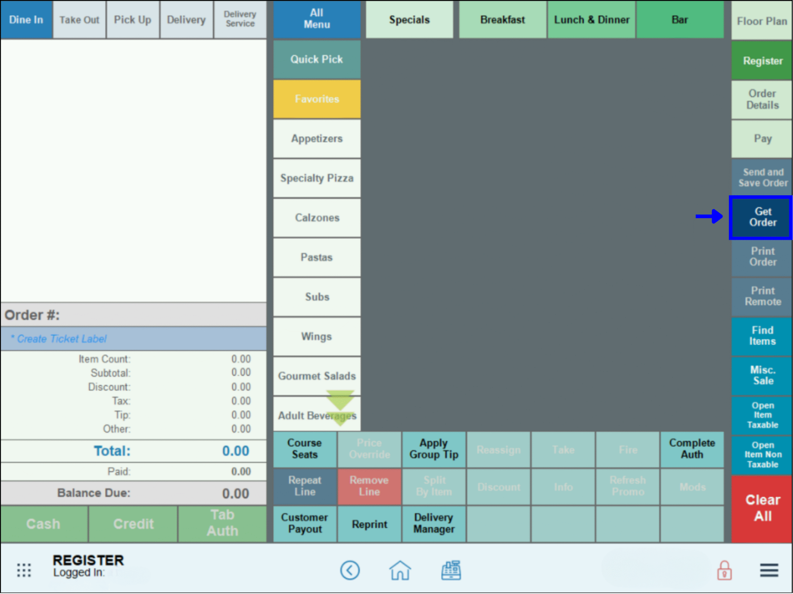 Register view with get order tab highlighted
