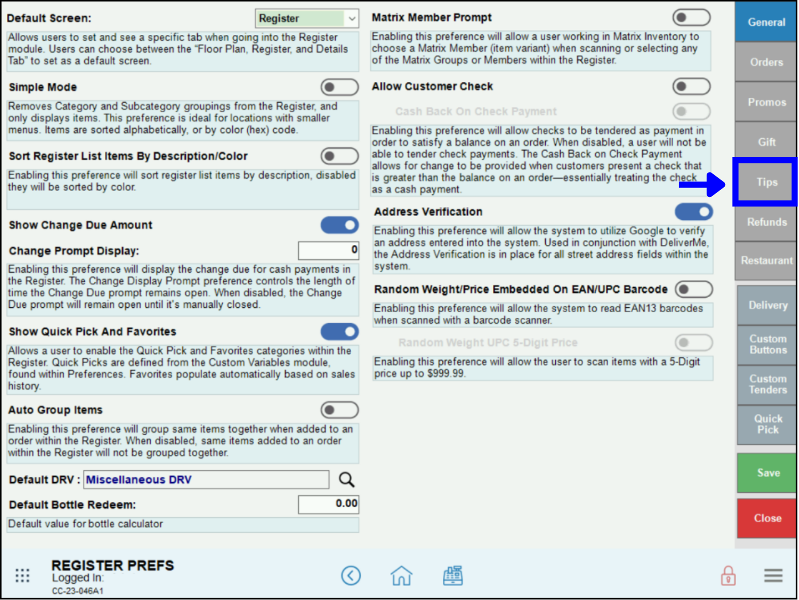Tips tab highlighted on register preferences screen