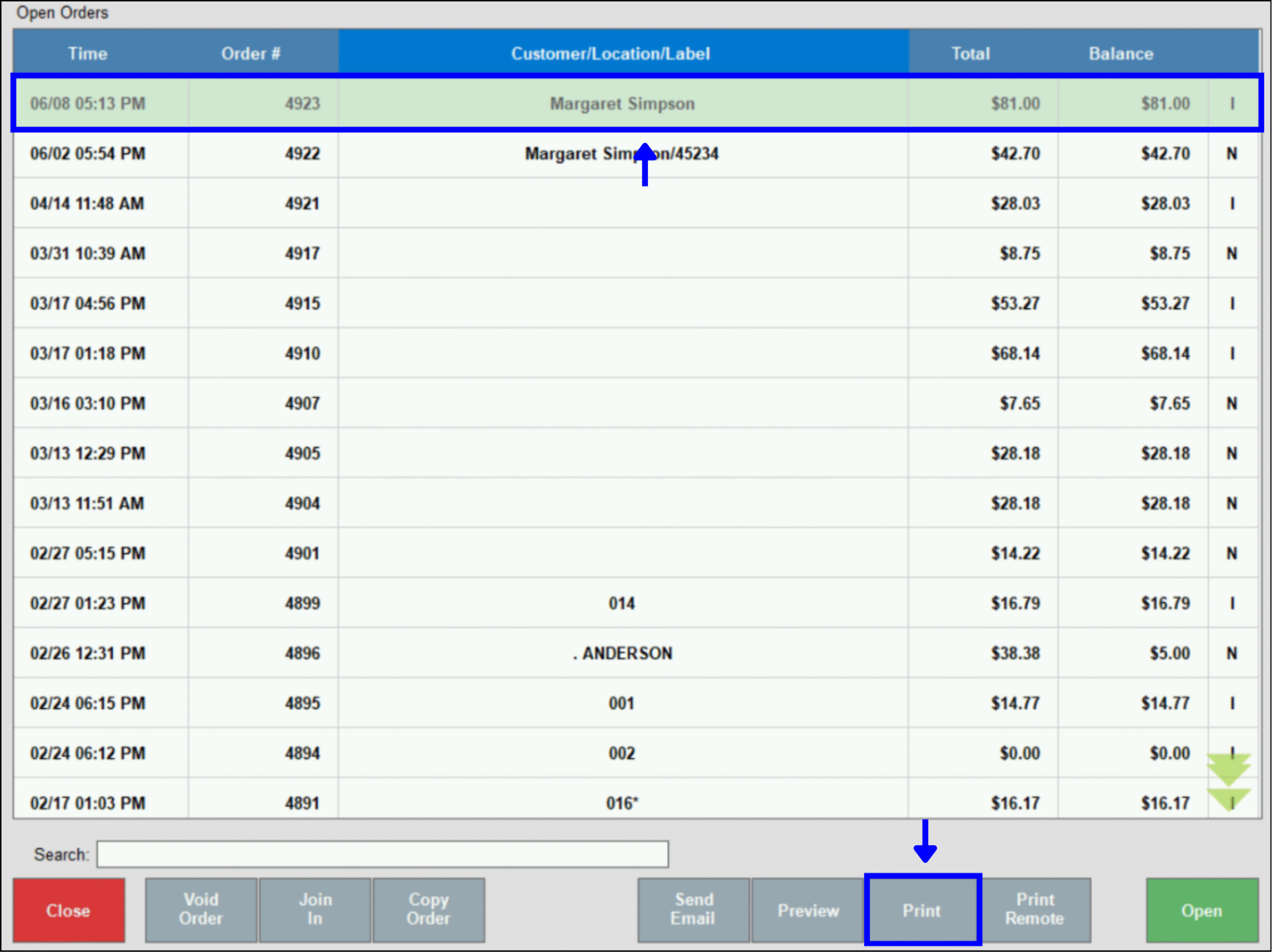 Order and print button highlighted