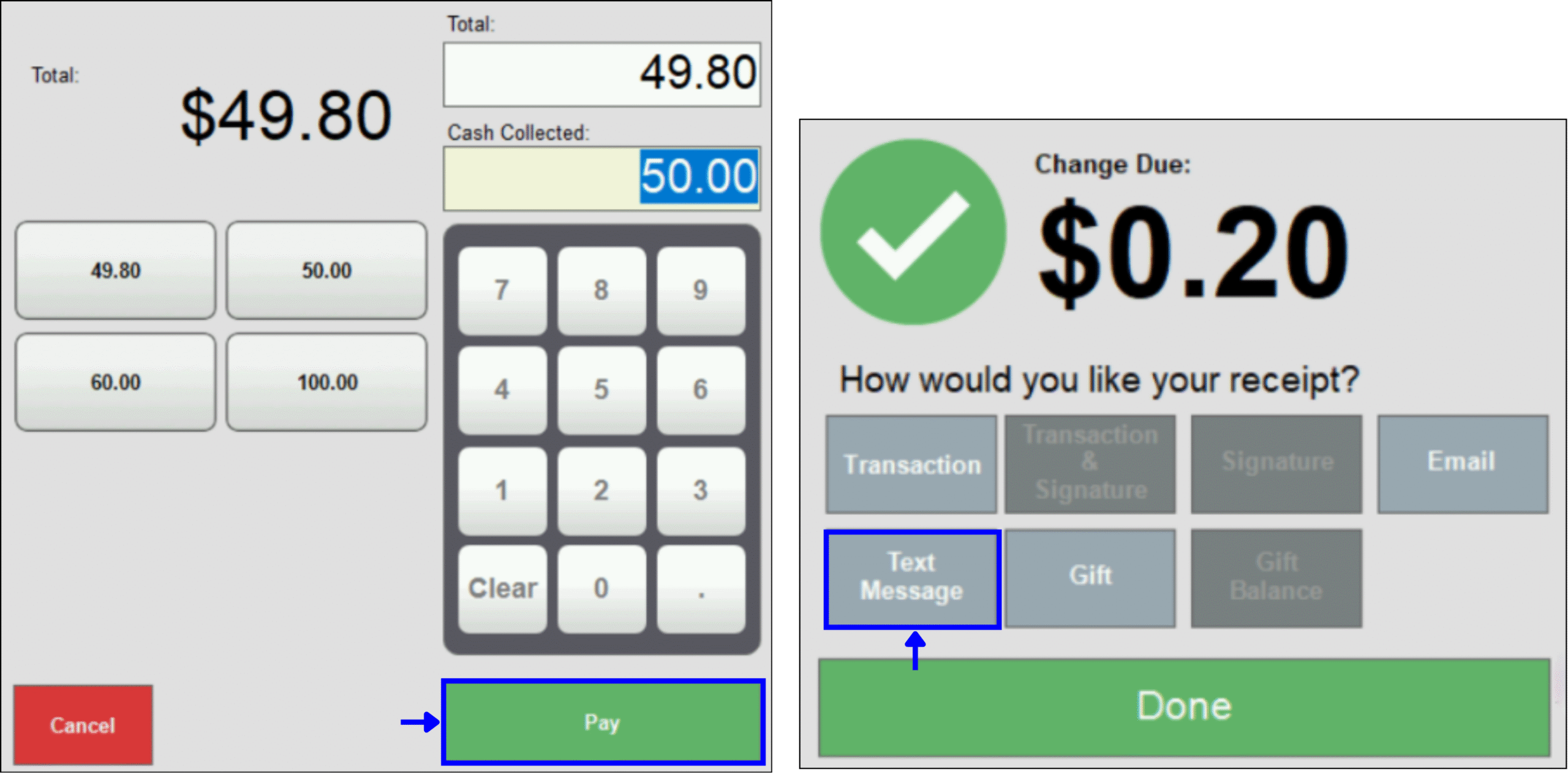 Tap cash then text message