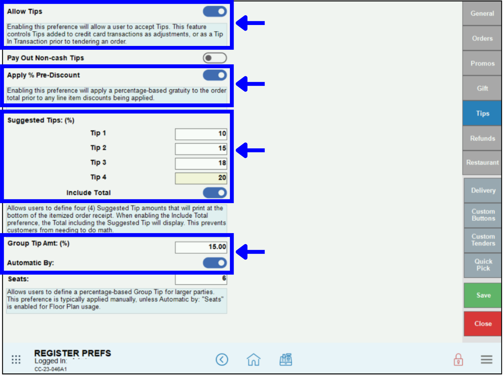 Arrows pointing to group tip settings on register preferences screen