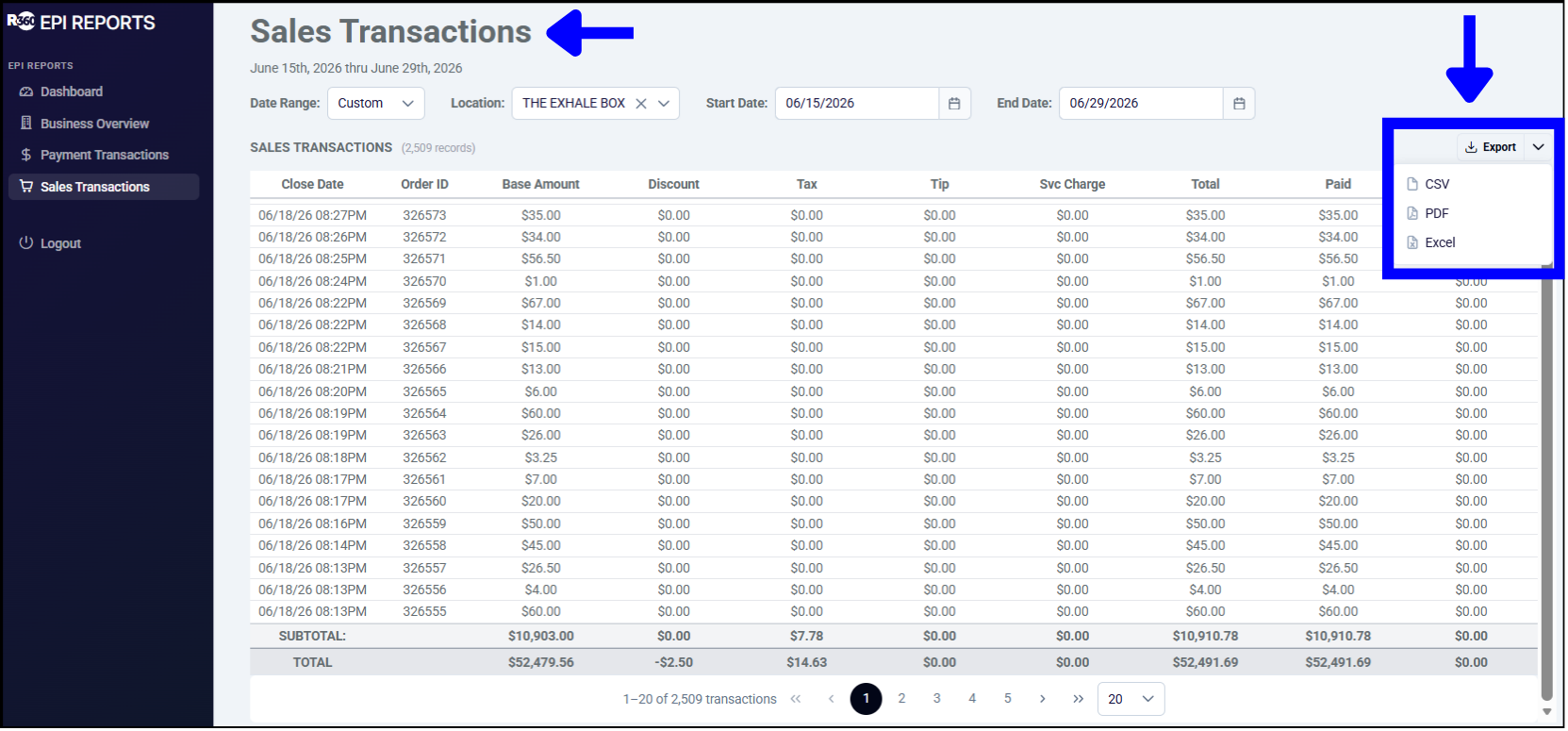 Sales Transactions report screen in POS Cloud