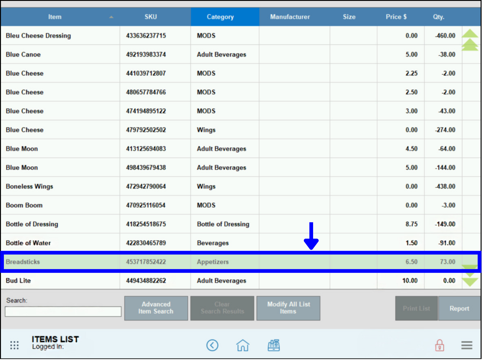 The Item Details window. There is a blue box around the item Breadsticks with an arrow pointing toward it.