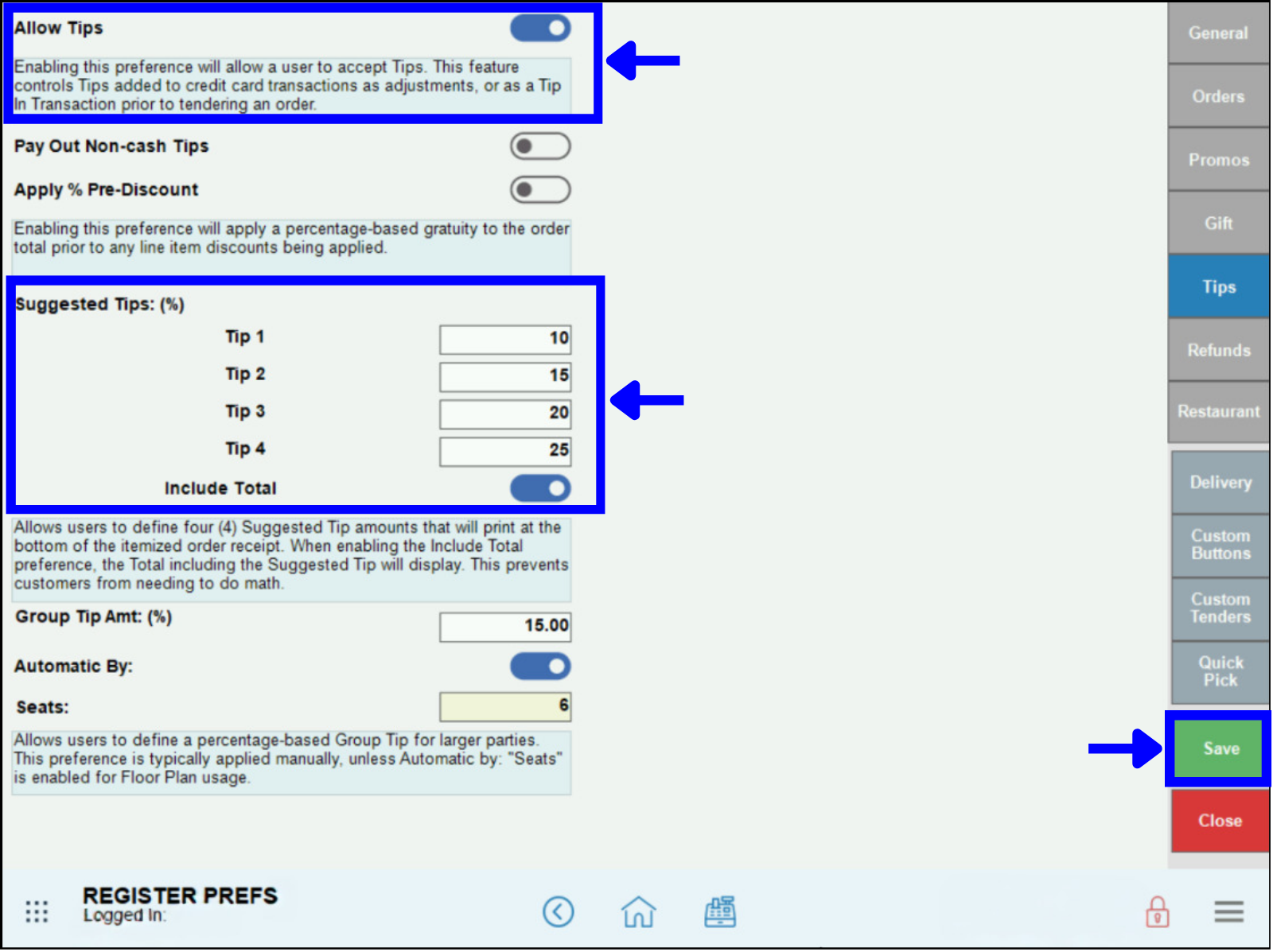 Update tip settings
