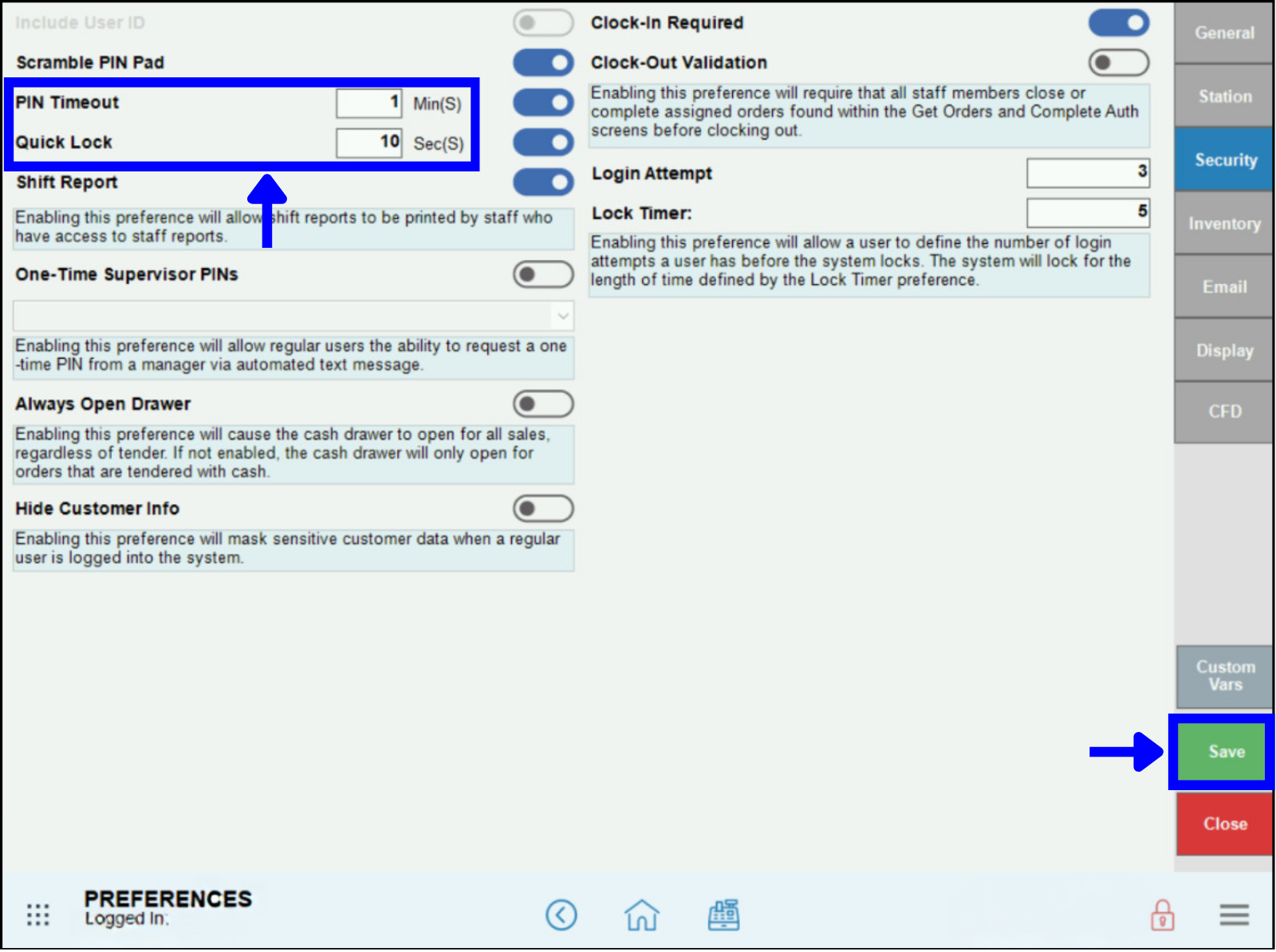Update Pin Timeout and/or Quick Lock settings